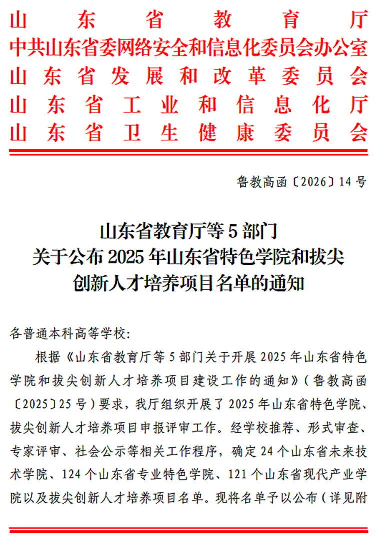 喜報！我校 4 個學院成功入選 2025 年山東省特色學院建設名單
